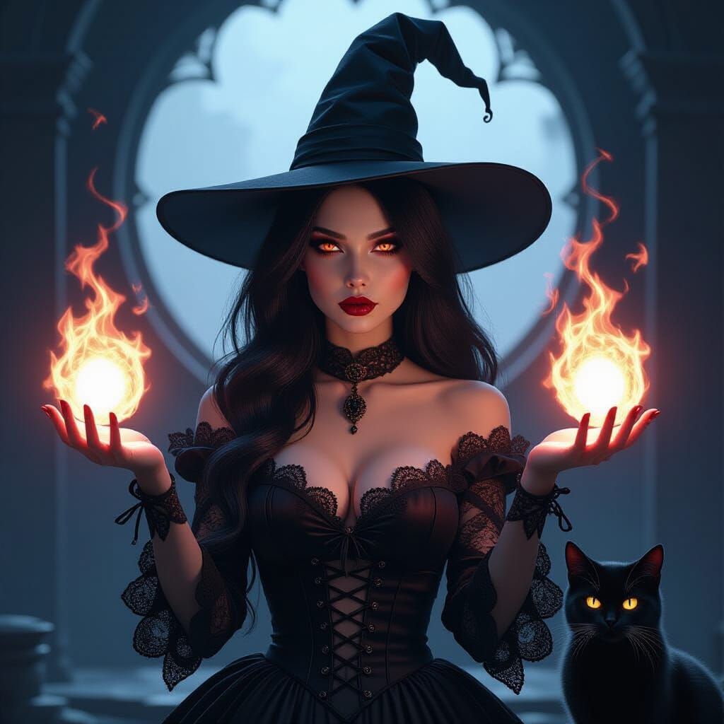 Dark Witch Holding Fireball in Gothic Lace Dress
