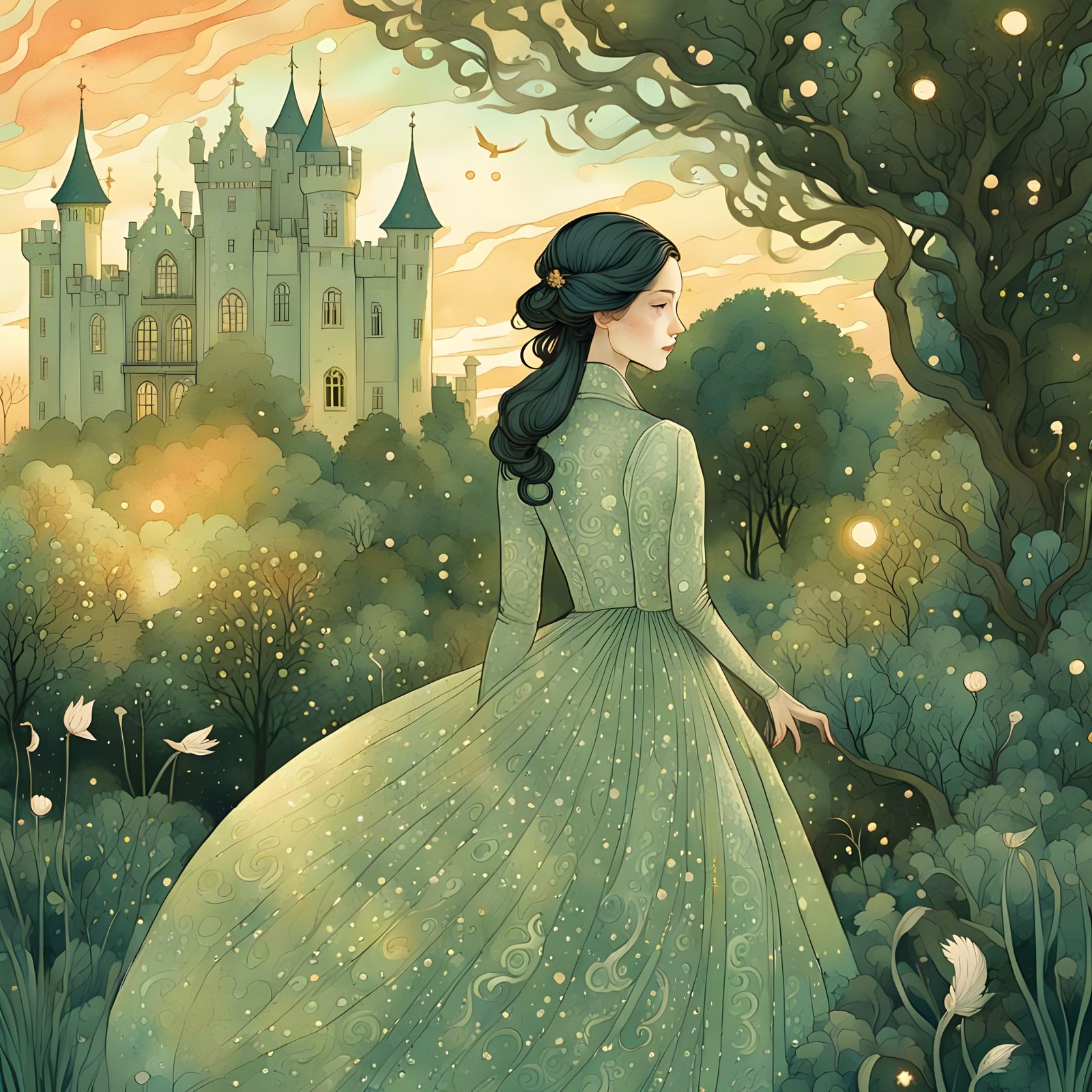 Elegant Georgian Lady in a Victorian Garden at Sunset