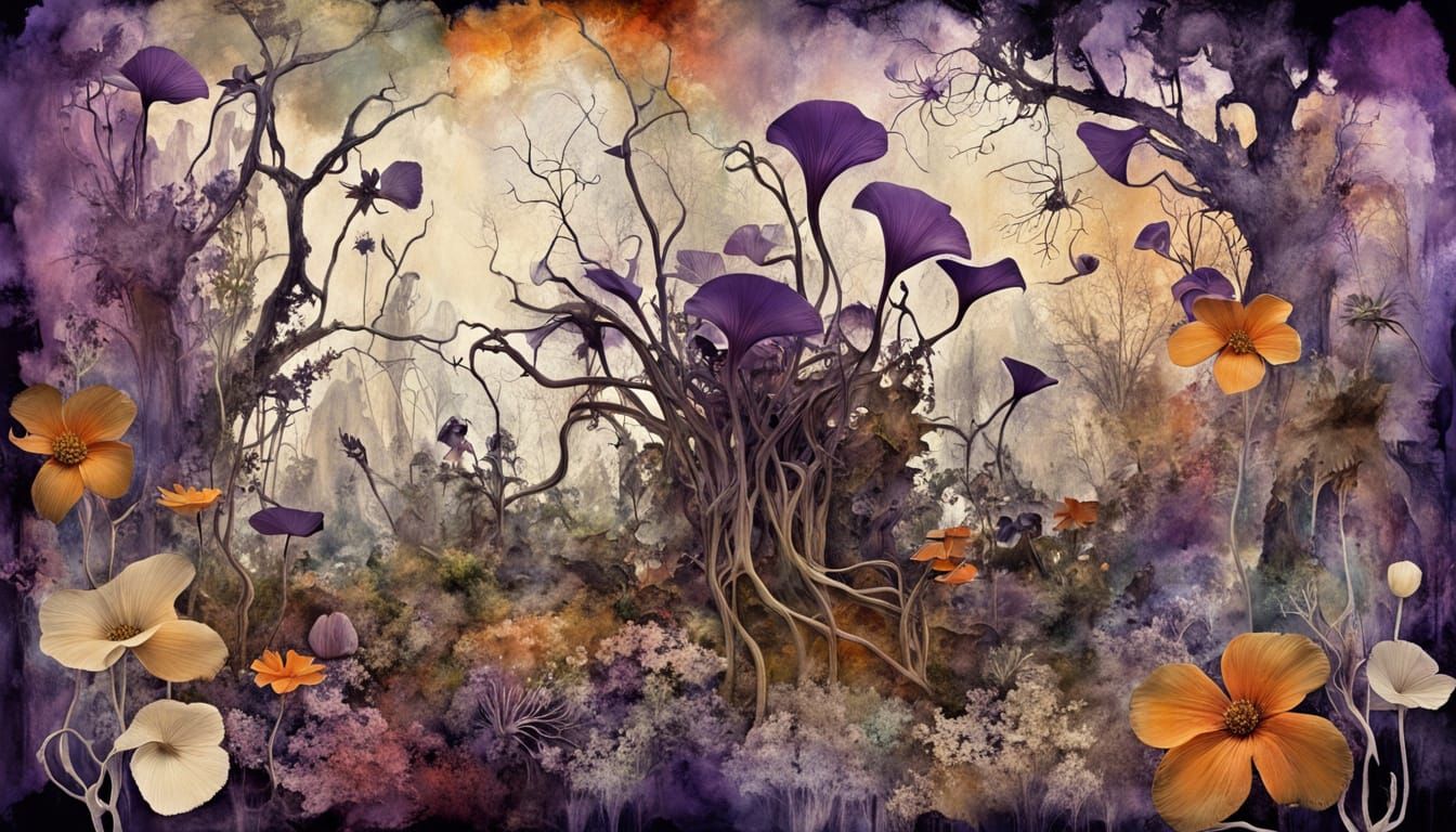 Haunting Surreal Garden in Mixed Media Style