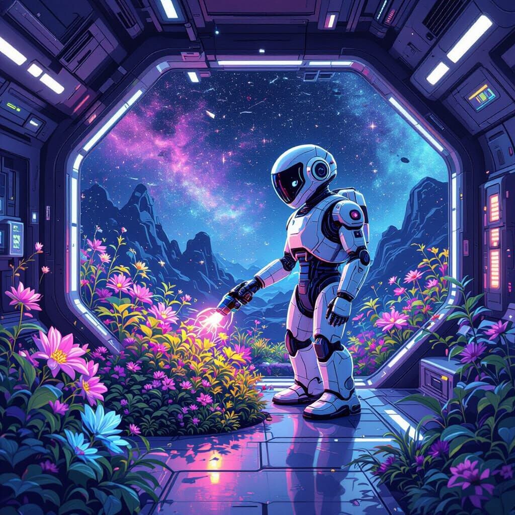 Robot Gardener in Bioluminescent Space Station, Flat Design