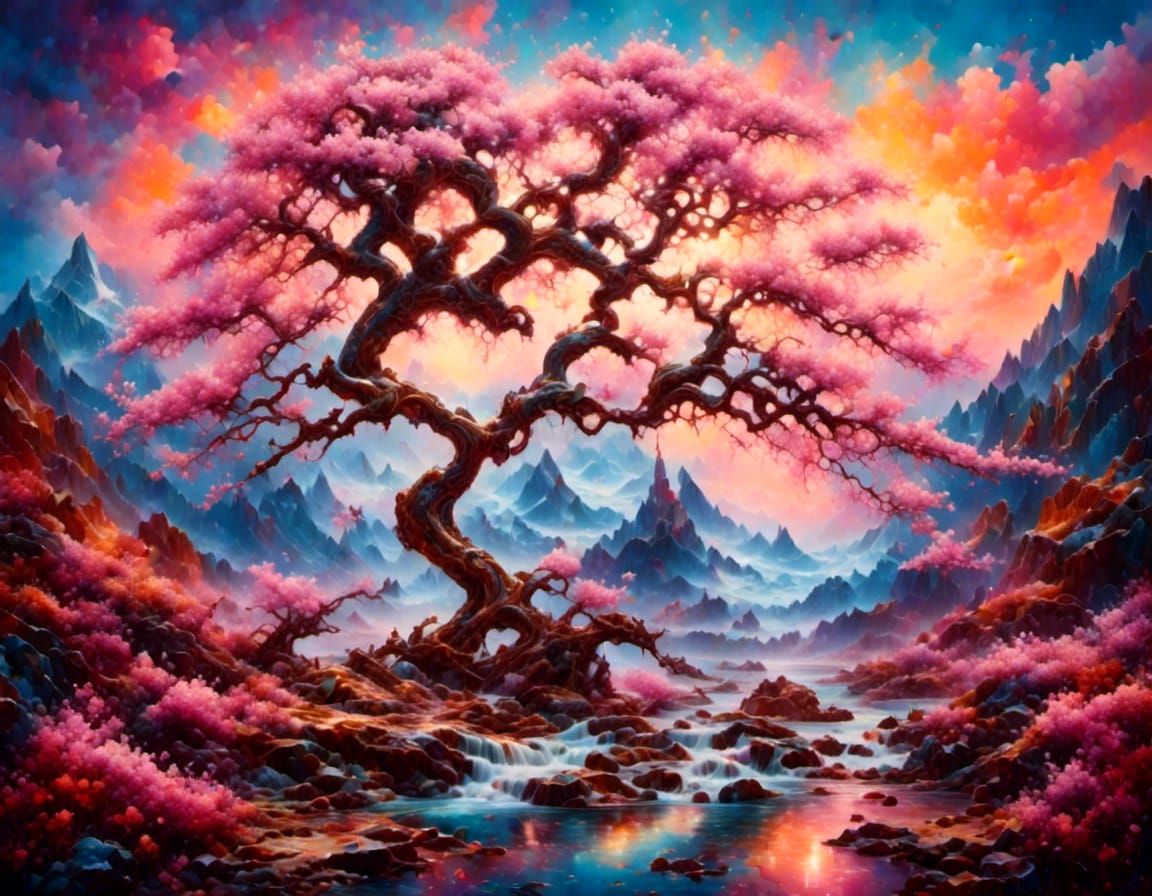 Cherry Tree in Blossom at Sunset in Gouache Style