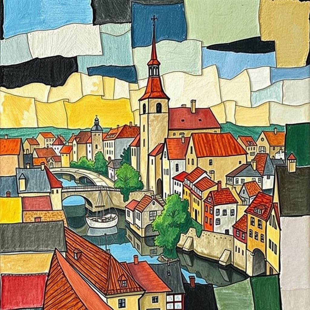 Medieval Townscape in Copperplate Style