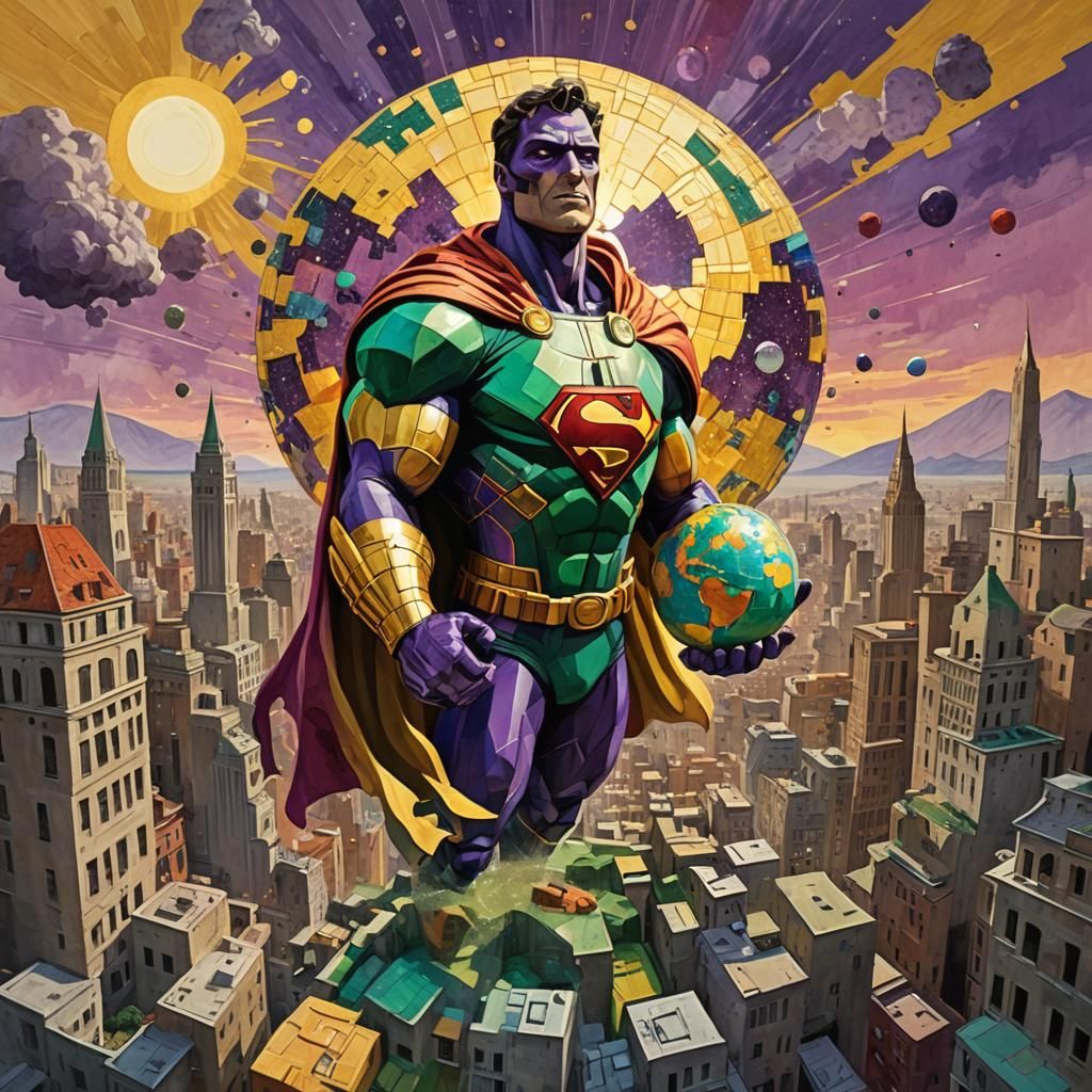 Superhero Holding World in Cel-Shaded Klimt Style