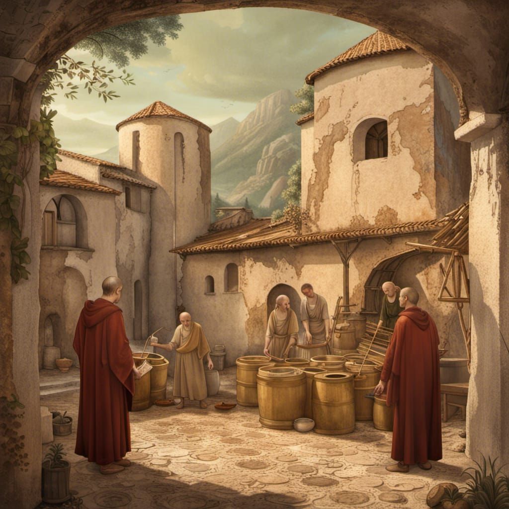 Medieval Monks at Work: Fresco-Style Farm Scene