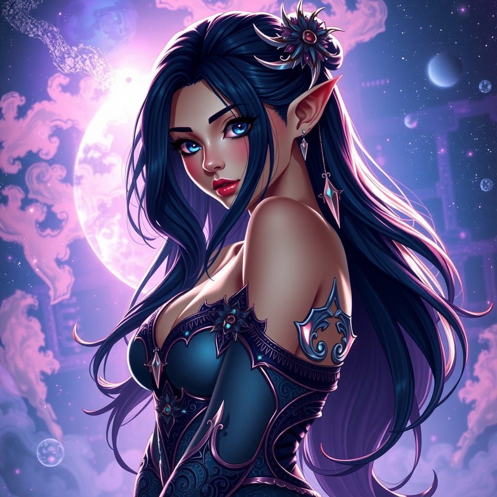 Anime Elf Woman in Pastel Goth Space Fantasy