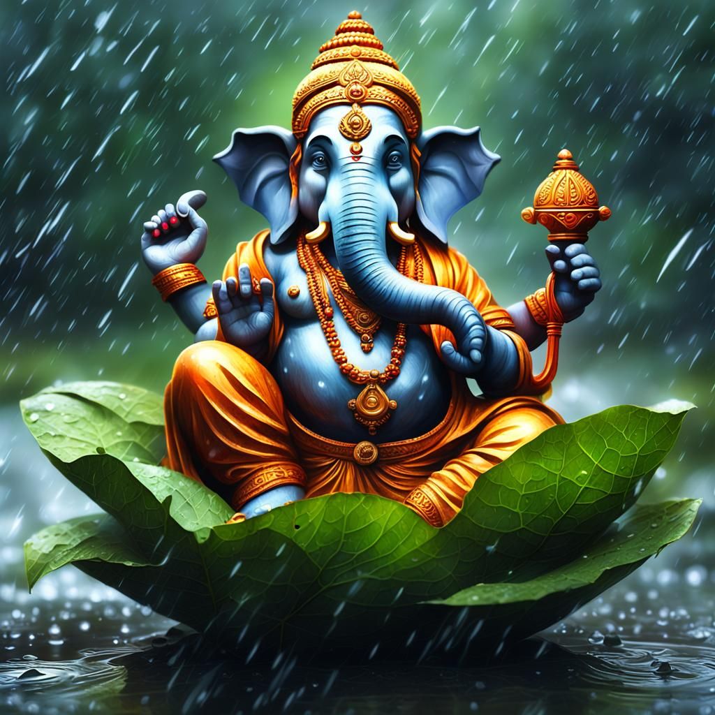 Ganesha in Leaf Boat on Rainy Day: Hyperrealistic Digital Ar...