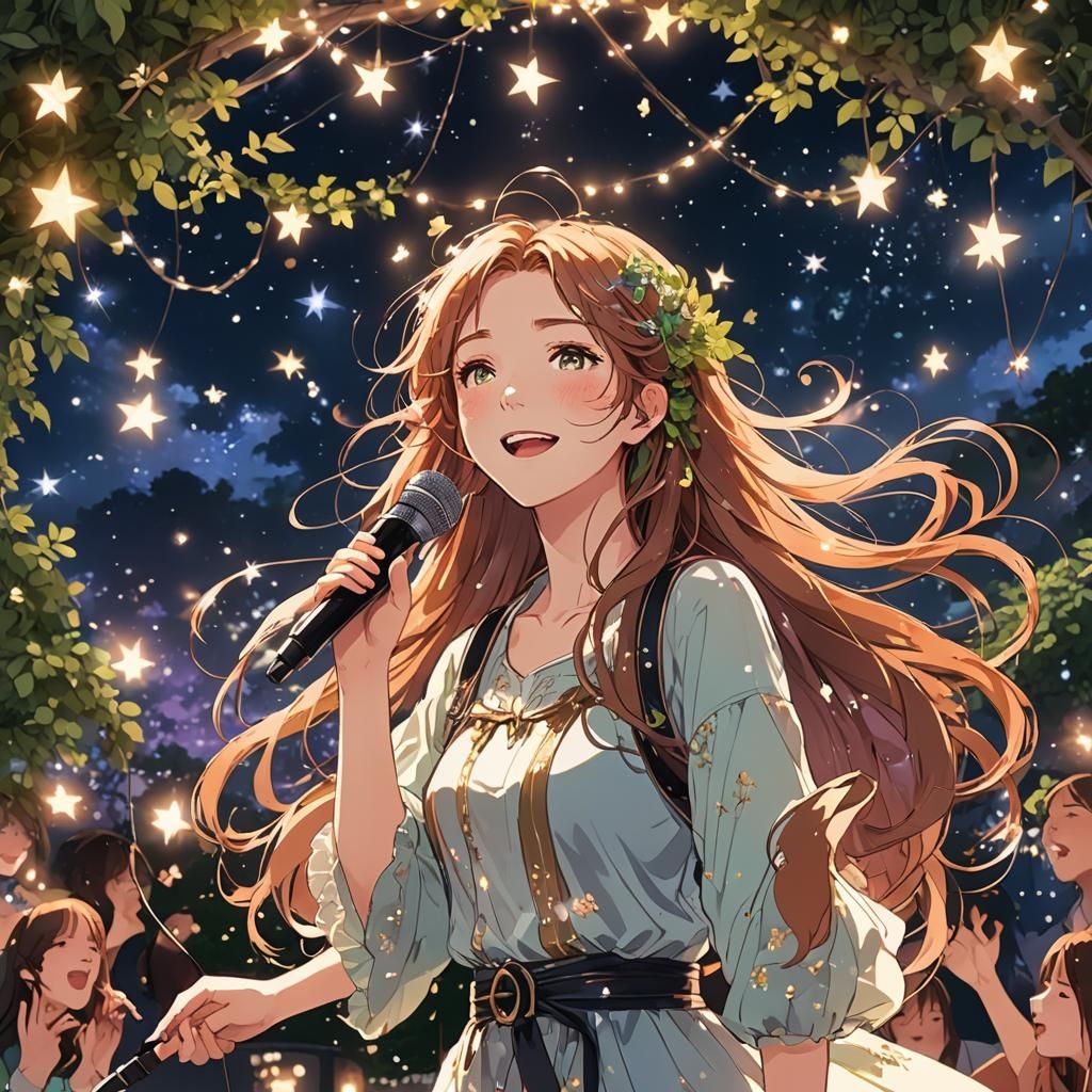 Anime Girl Singing on Fantasy Concert Stage