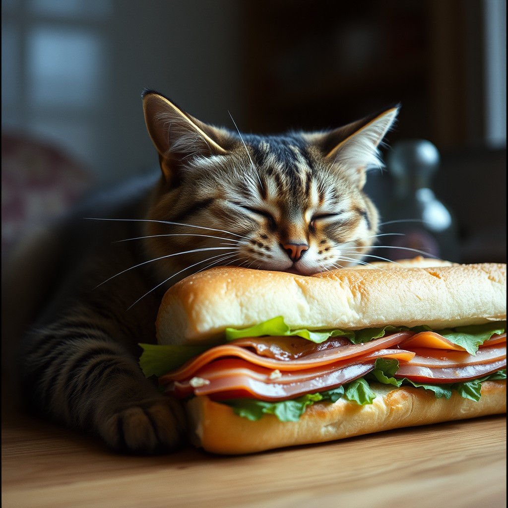 Cat Eats Submarine Sandwich: Cinematic Film Still