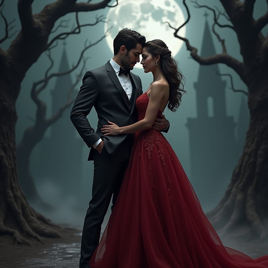 Elegant Couple in Gothic Landscape, Hyper-Realistic Render