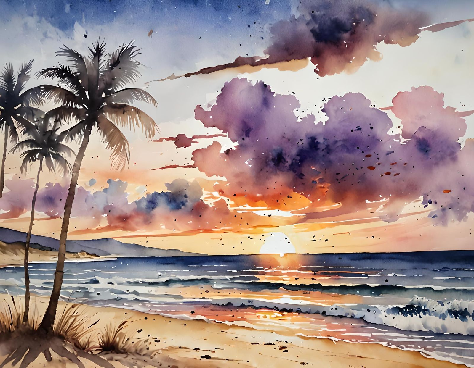 Vibrant Watercolour Beach Sunset