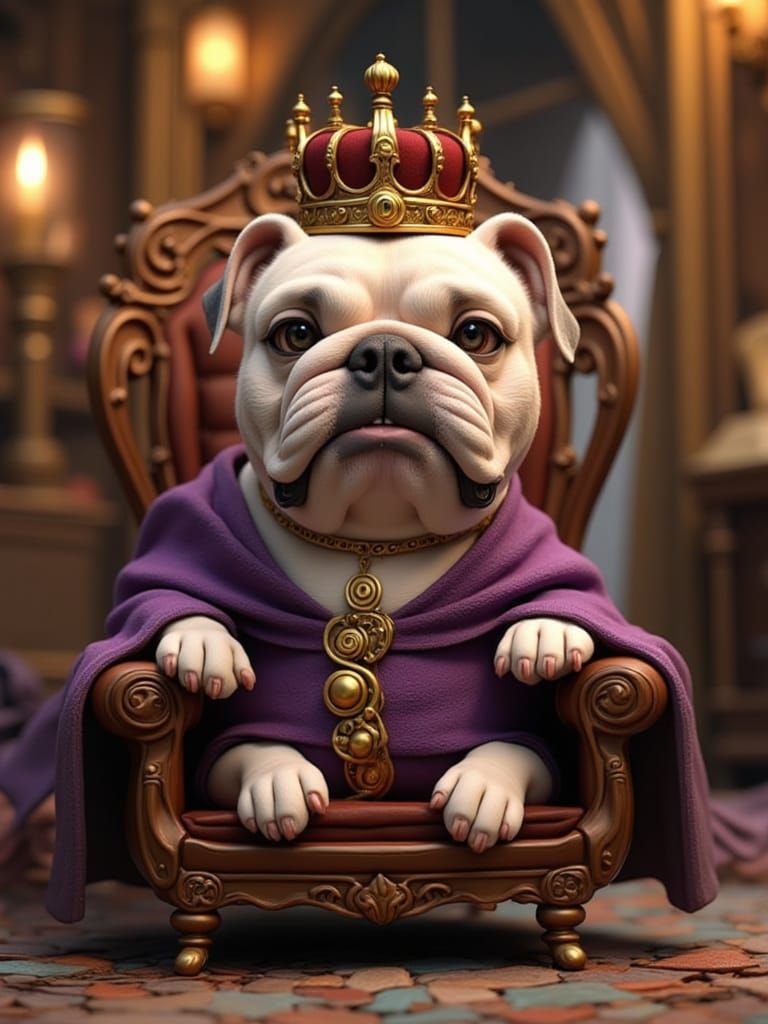Grumpy Bulldog King in Regal Attire