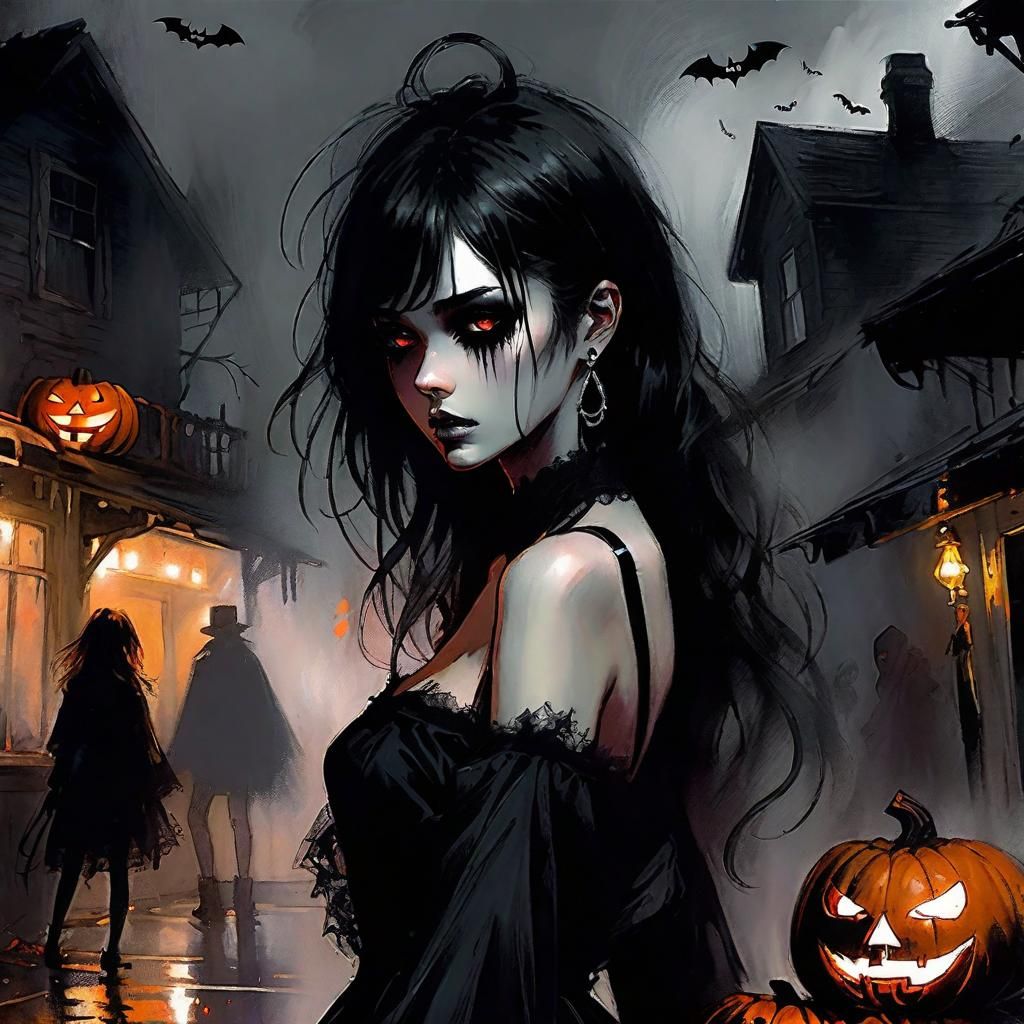 Eerie Anime Girl in Halloween Dress: Splash Art