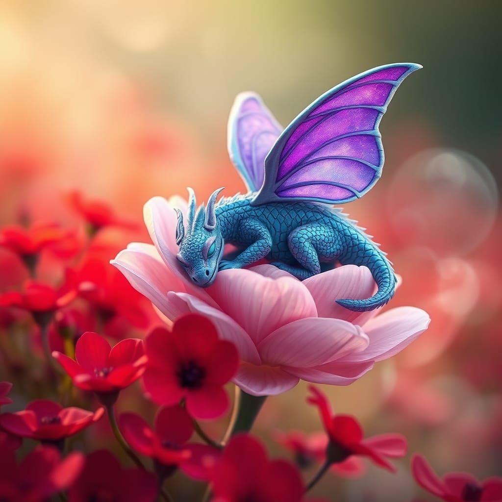 Sleeping Blue Dragon on Pink Flower