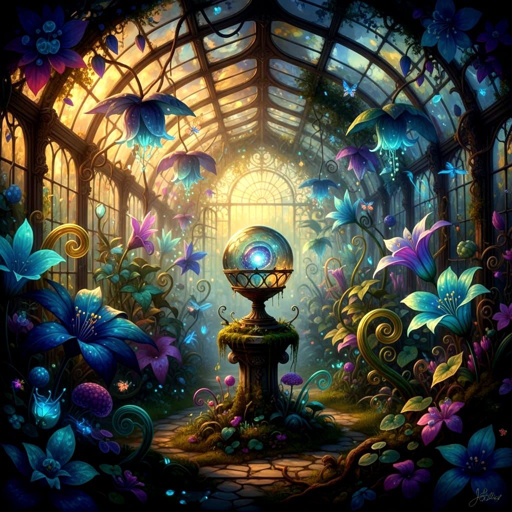 Magical Overgrown Greenhouse With Bioluminescent Plants