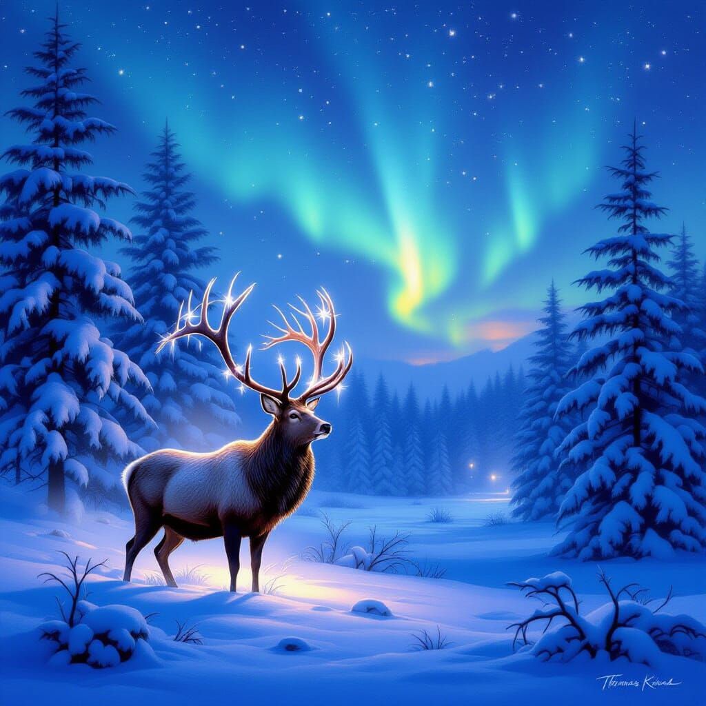 Enchanted Winter Stag Under Magical Aurora Lights