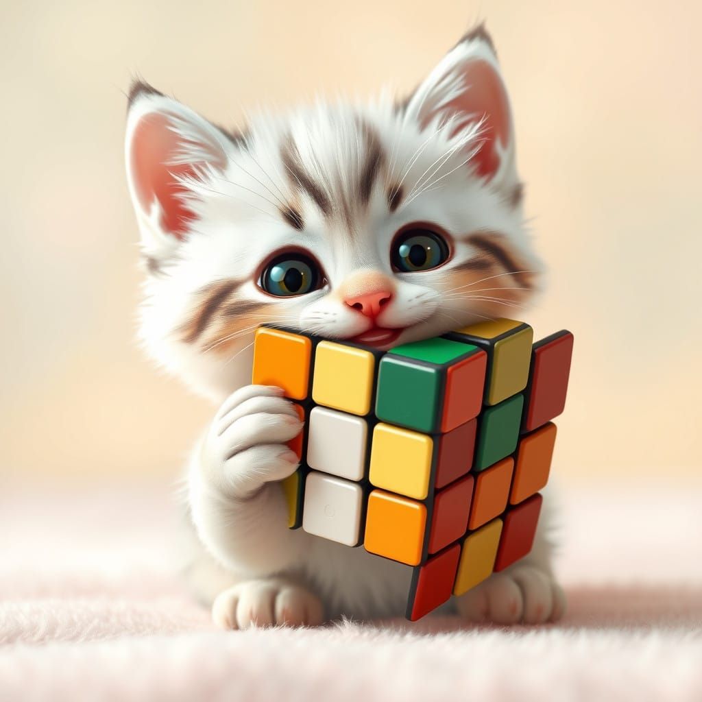 Cute Kitten Solves Rubik's Cube with Joyful Smile
