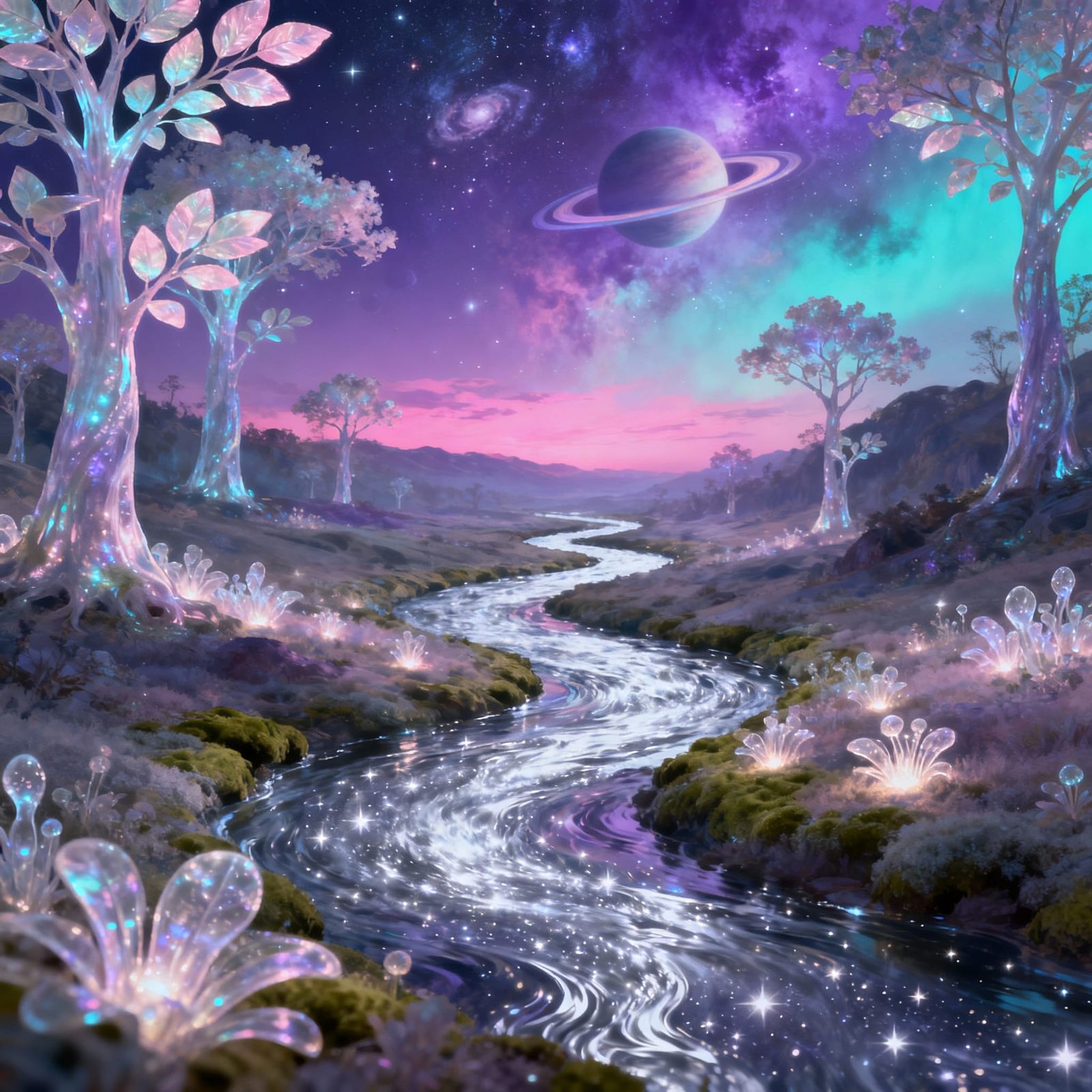 Ethereal Landscape with Silver River and Bioluminescent Flor...