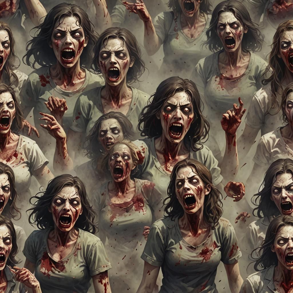 Horror Scene: Women vs Zombies in Smoky Chaos