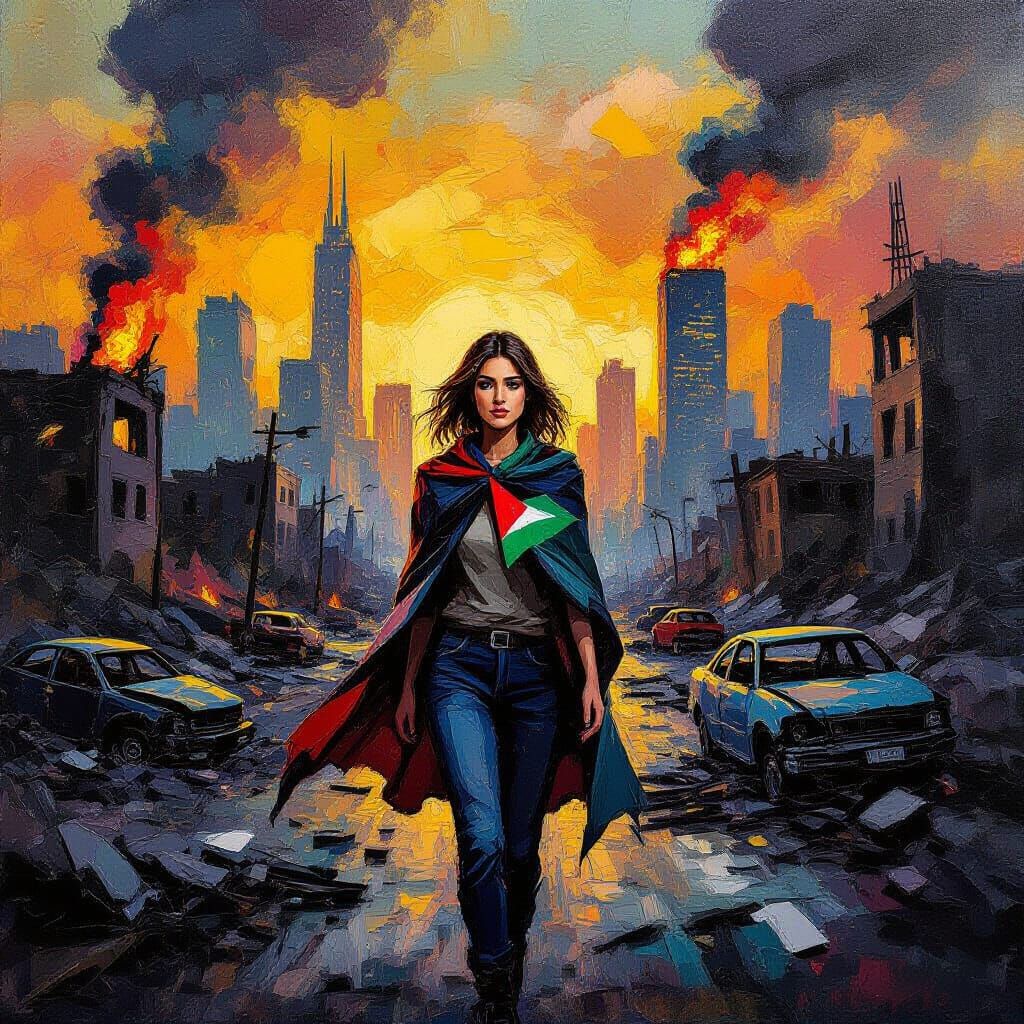 Impasto Painting of Determined Woman in Post-Apocalyptic Cit...