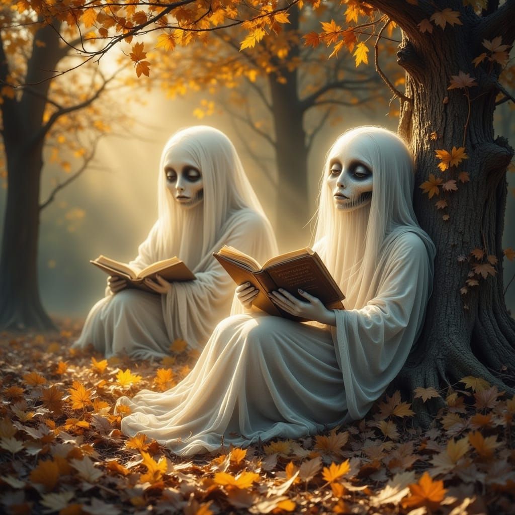 Whimsical Ghosts Reading Books in Autumn Forest