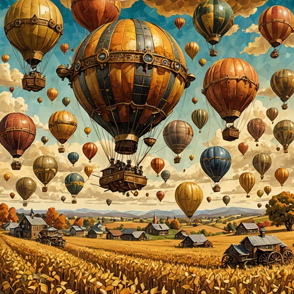 Steampunk Airships with Gourd Balloons Over Harvest Field