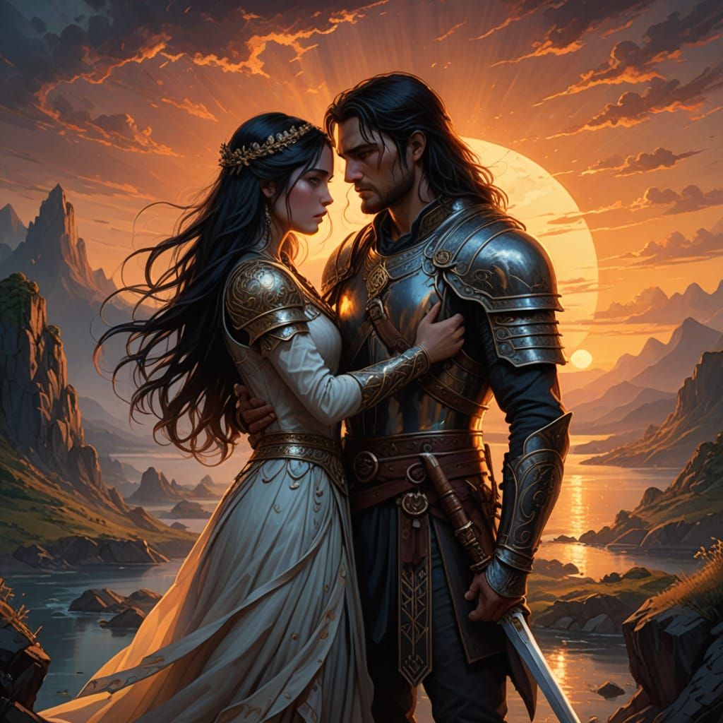 Fantasy Couple's Embrace in Ethereal Twilight Oil Painting