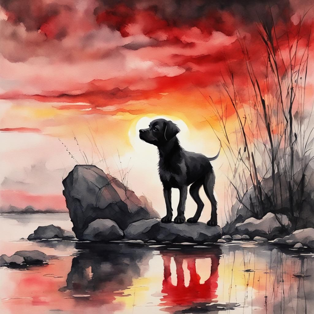 Puppy in Swamp: Watercolor and Ink Landscape