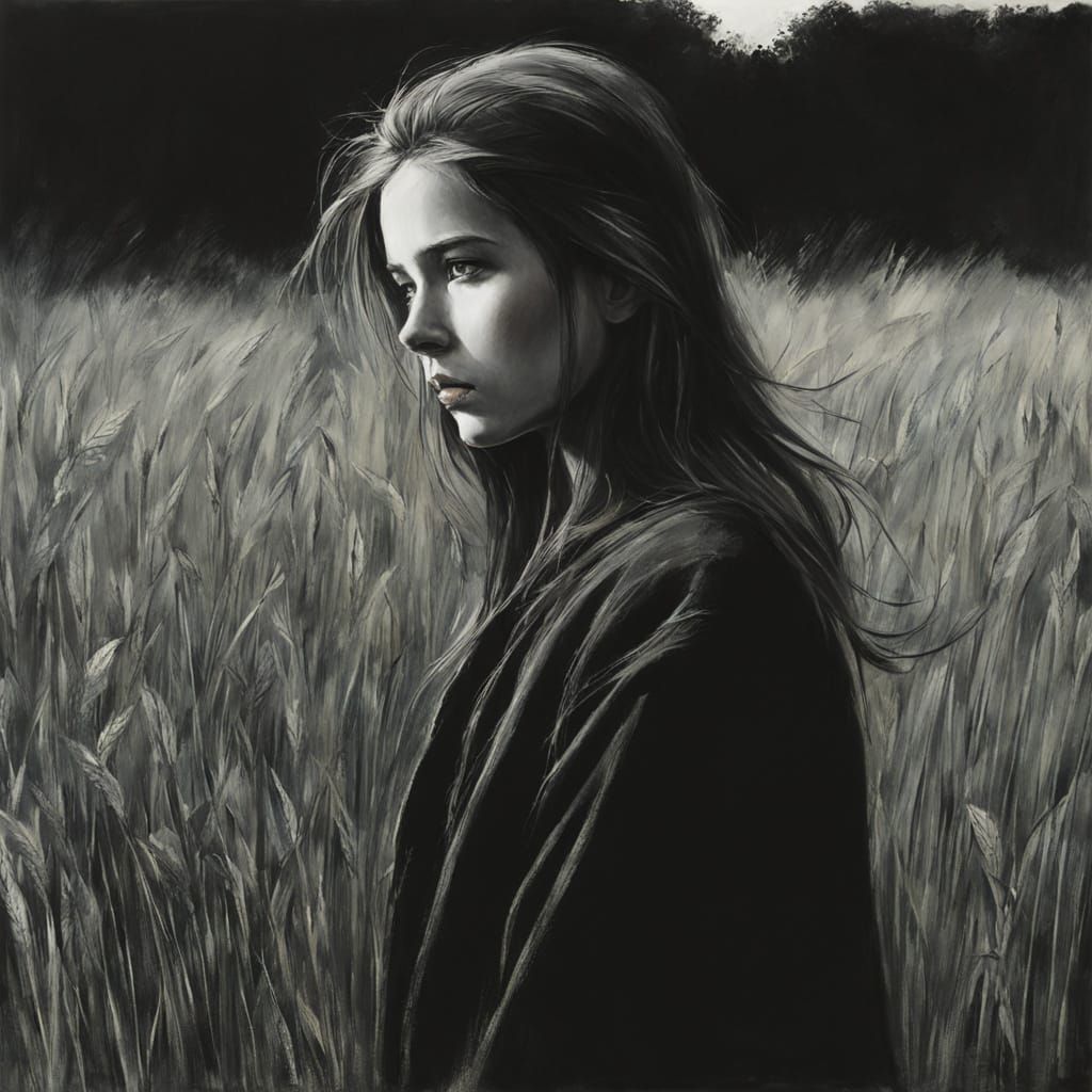 Girl in a Field, Loose Charcoal Drawing