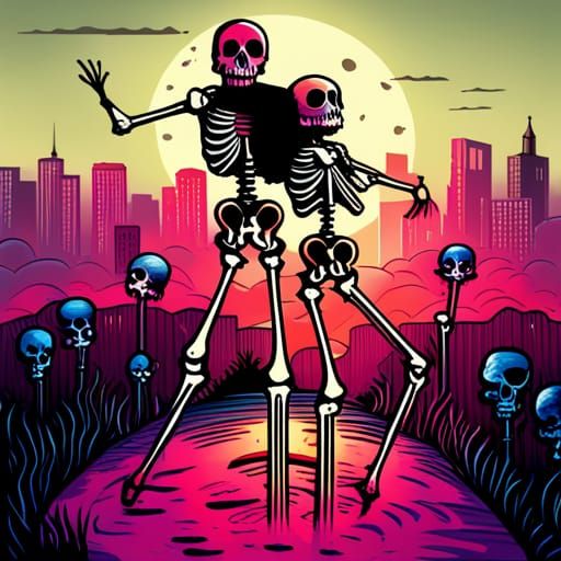 Dancing Skeletons Graveyard in Graffiti Art Style