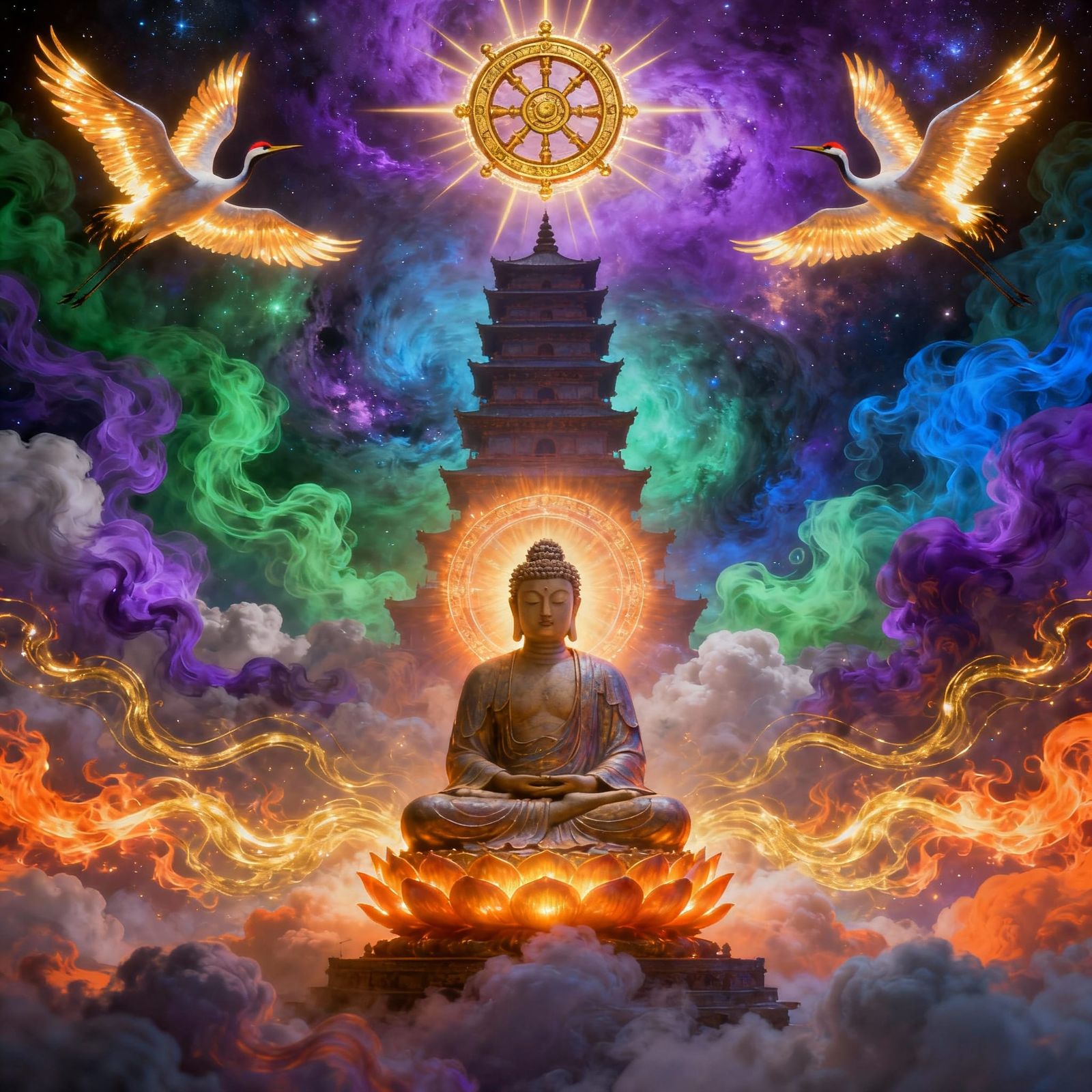 Meditating Buddha in Cosmic Scene with Radiant Halo