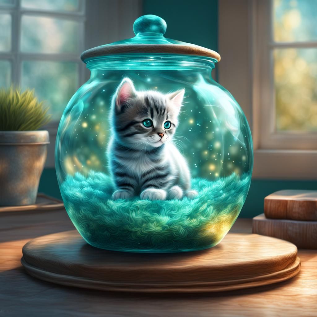 Kitten Cuddles in Teal Glass Jar