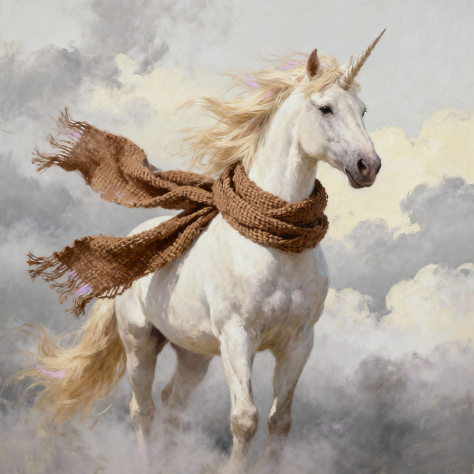 White Unicorn in Misty Cloudscape with Brown Scarf