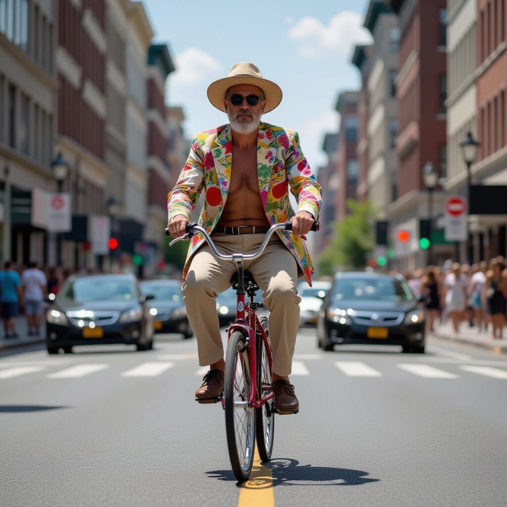 Man on Unicycle in Surreal Summer Scene