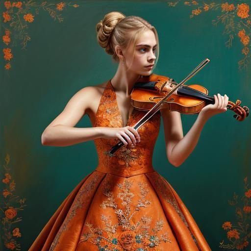 Violinist in Orange Gown, Hyperrealistic Oil Painting