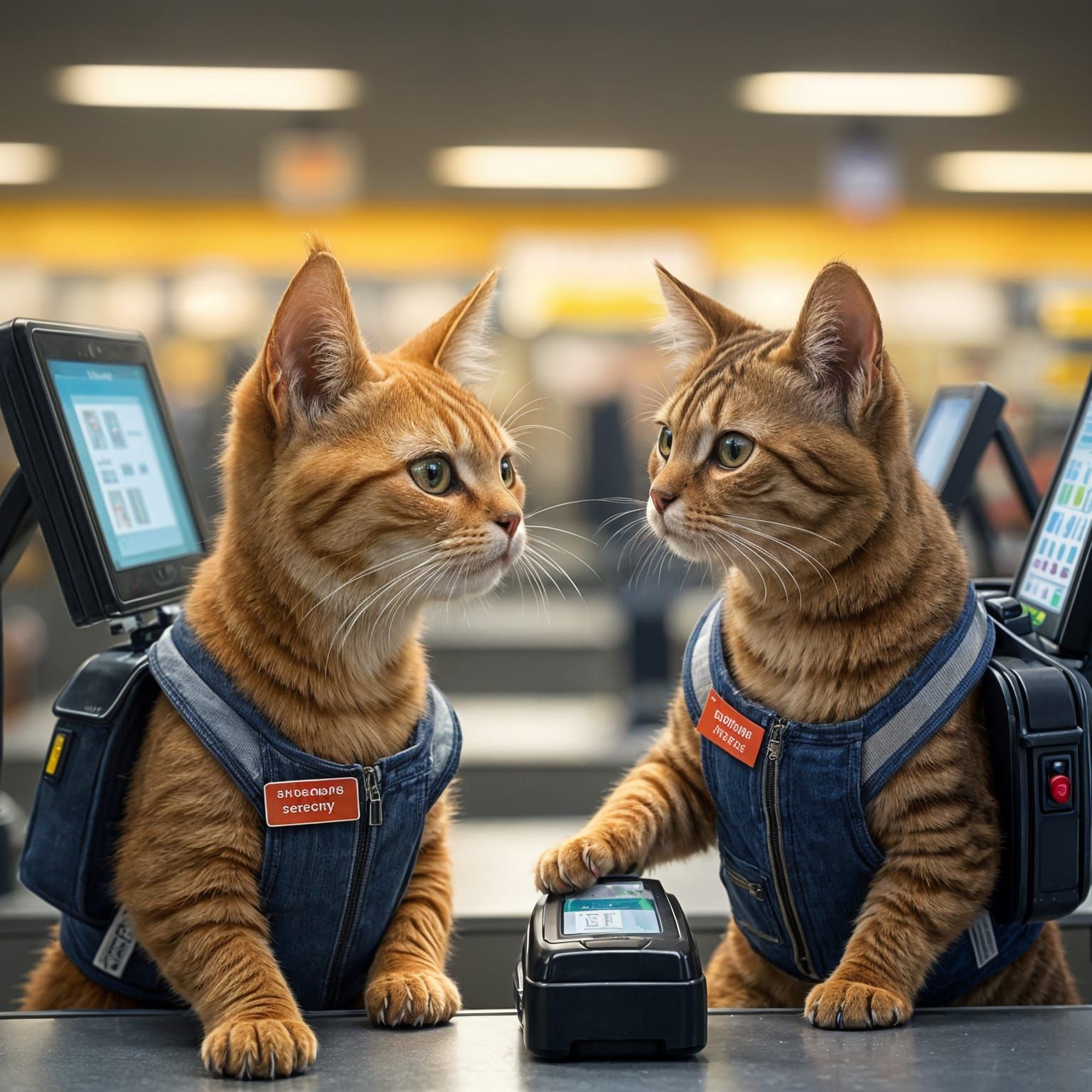 Cats Supervise Self Checkout in Supermarket
