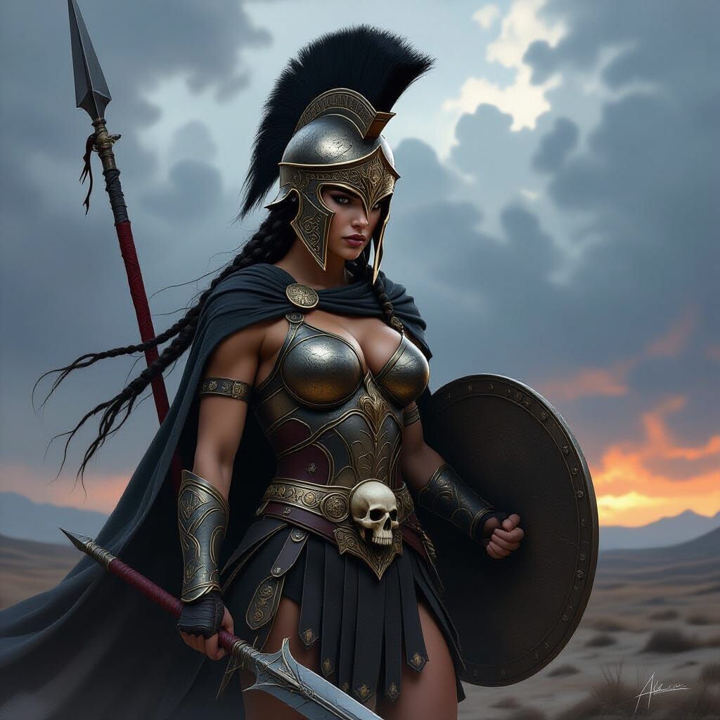 Dark Fantasy Warrior in Spartan Helmet with Spear and Shield