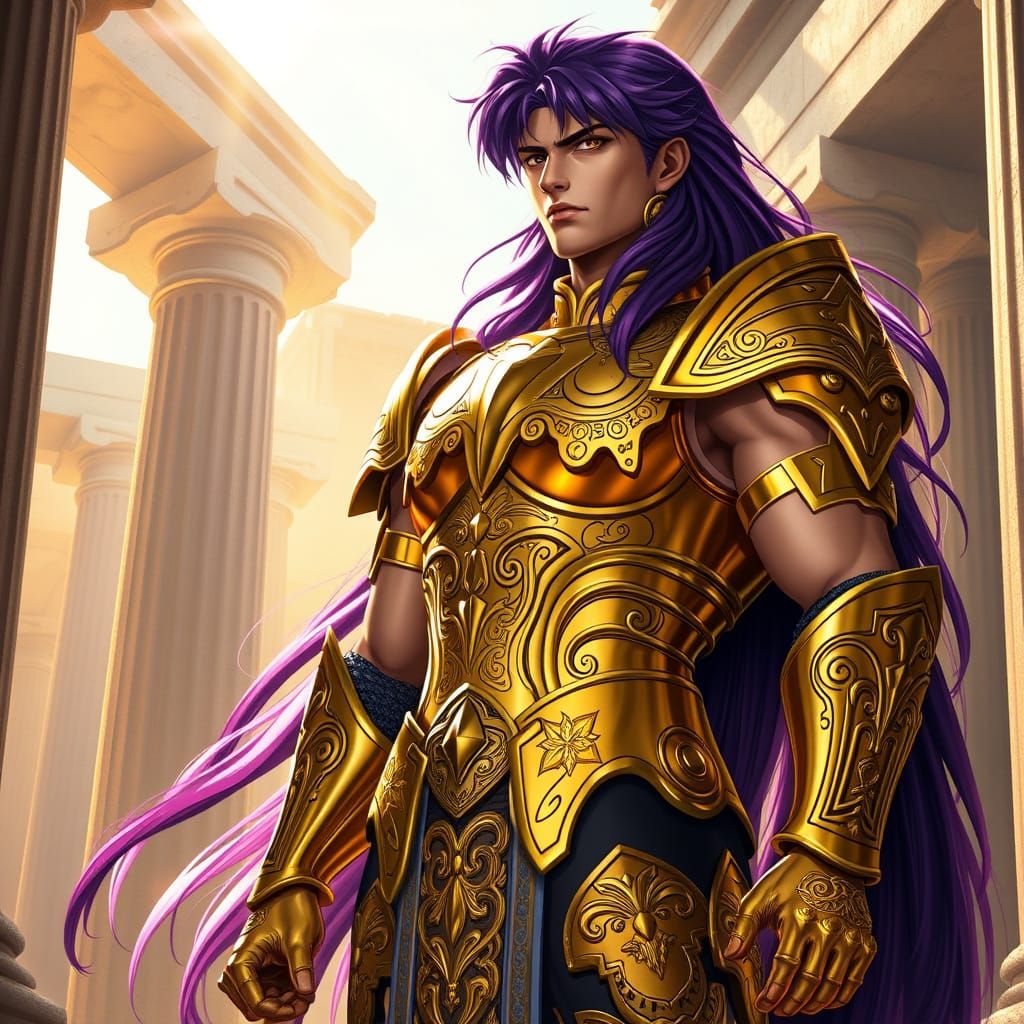 Greek Knight in Gold Armor with Regal Purple Locks