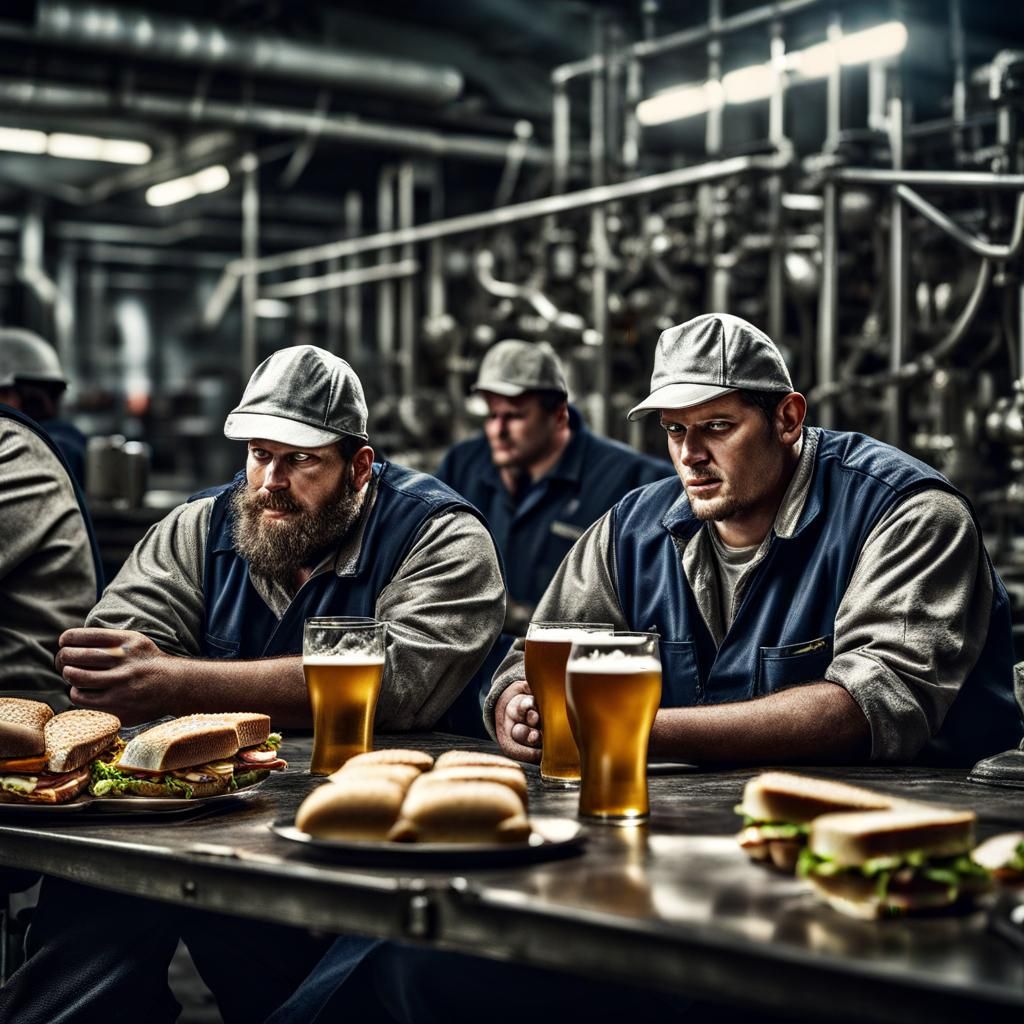 Tired factory workers enjoy some beer and sandwiches