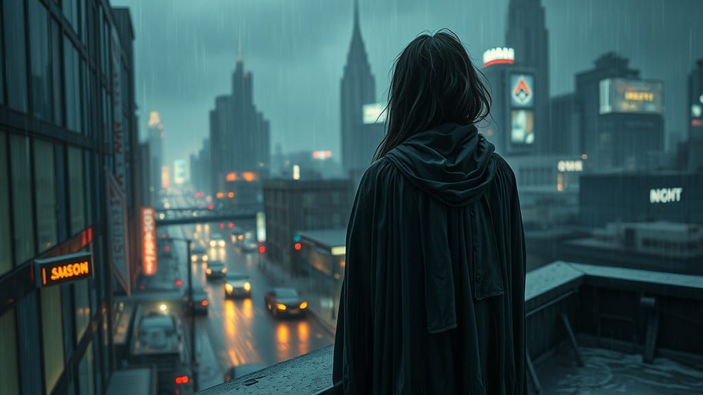Cyberpunk Cityscape Contemplation in Film Noir Style