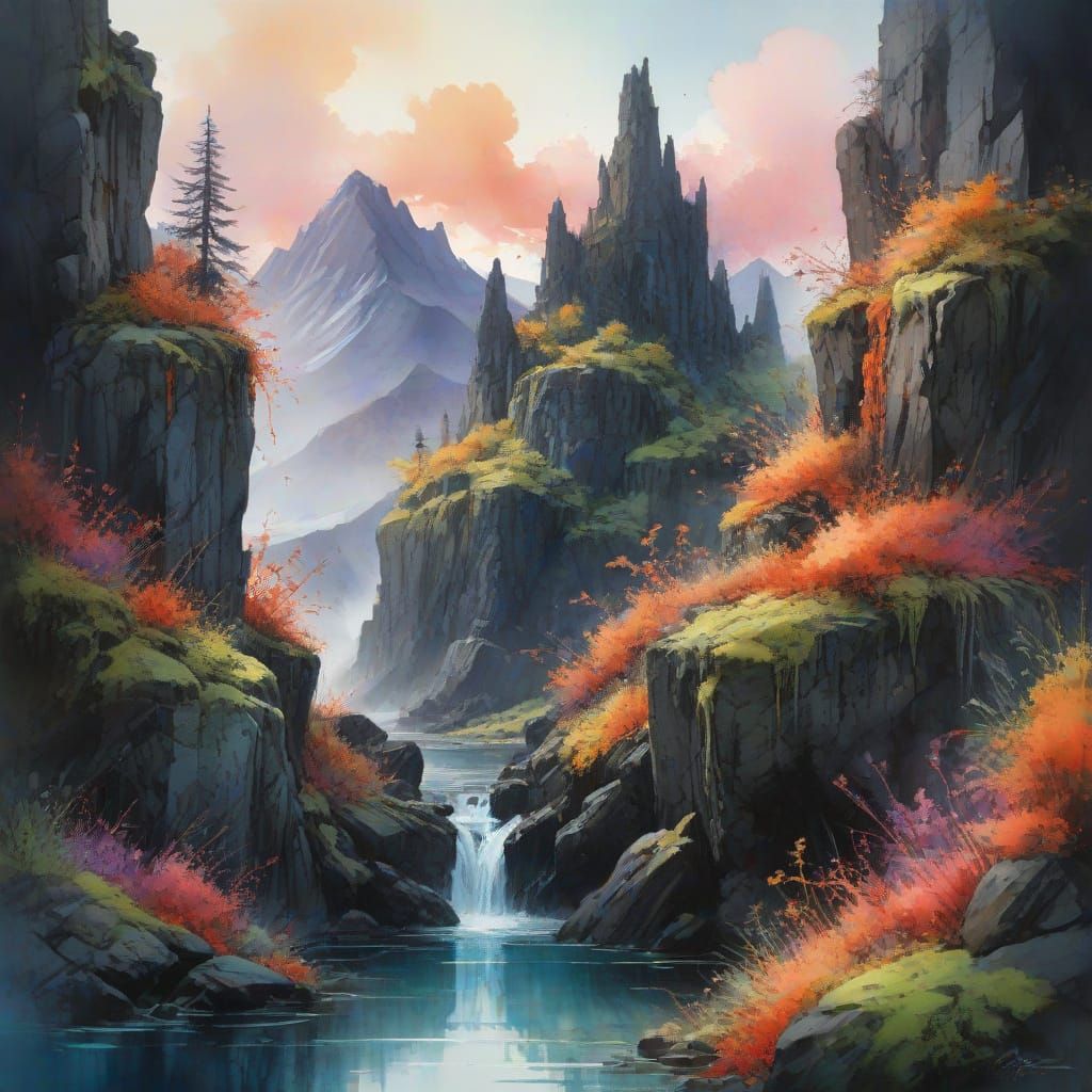 Mystical Basalt Fortress in a Primordial Landscape