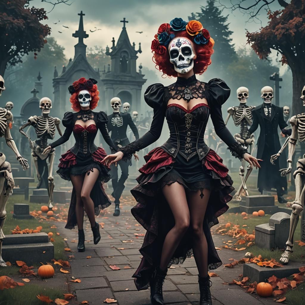 Candy Skull Dancers Perform at Cemetery: Digital Art
