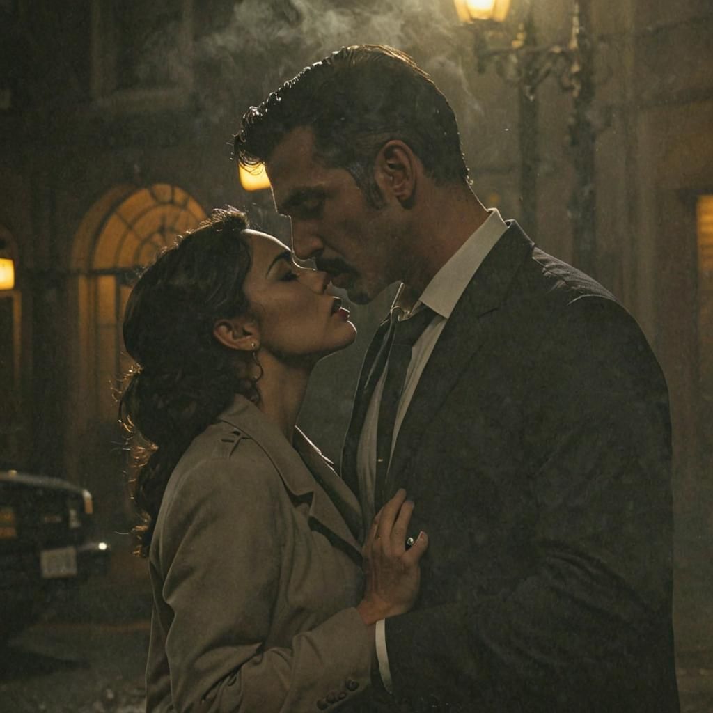 Passionate Kiss in Smoky, Ominous Film Noir Style