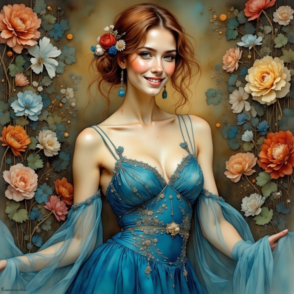 Elegant Asian Woman in Blue Gown: Painterly Style