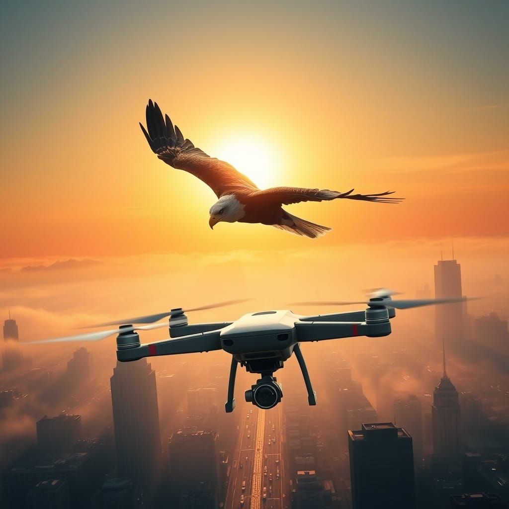 Eagle Soaring vs Drone Flying in Foggy City