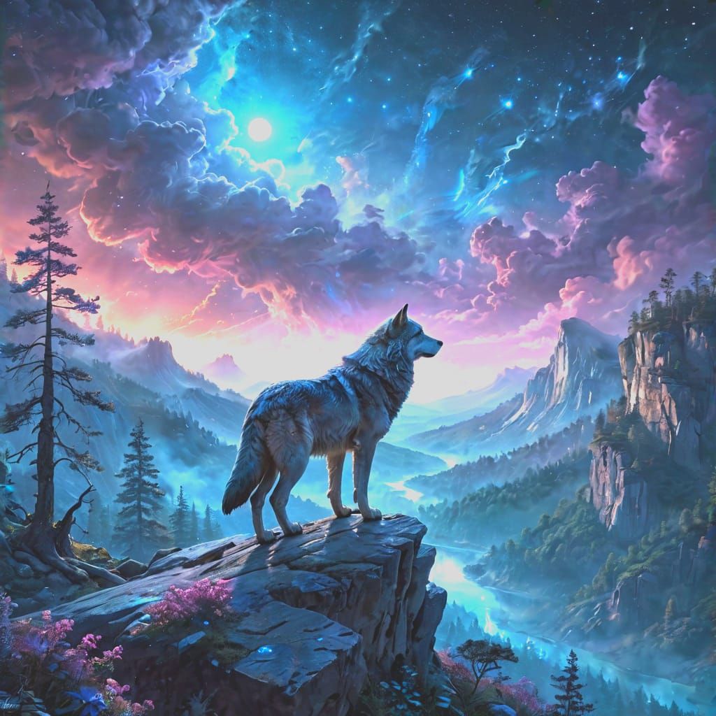 Lone Wolf Overlooking Valley in Digital Matte Painting