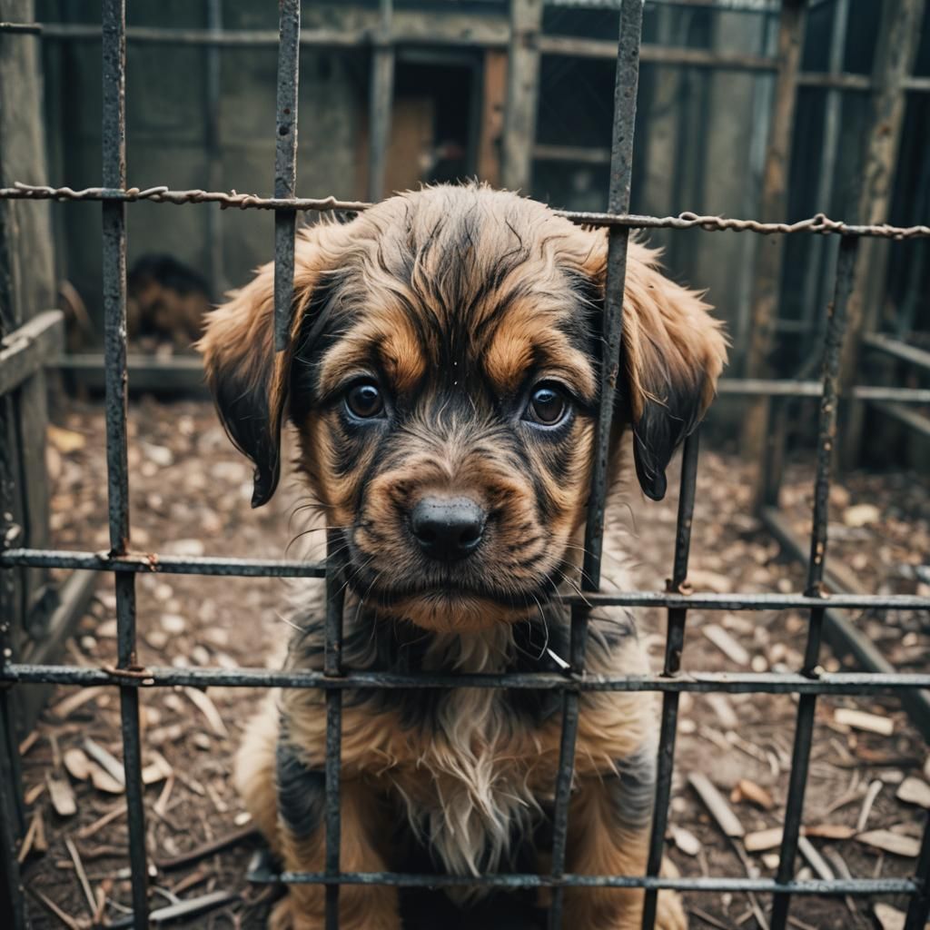 Puppy in Cage: Dramatic Cinematic Film Still