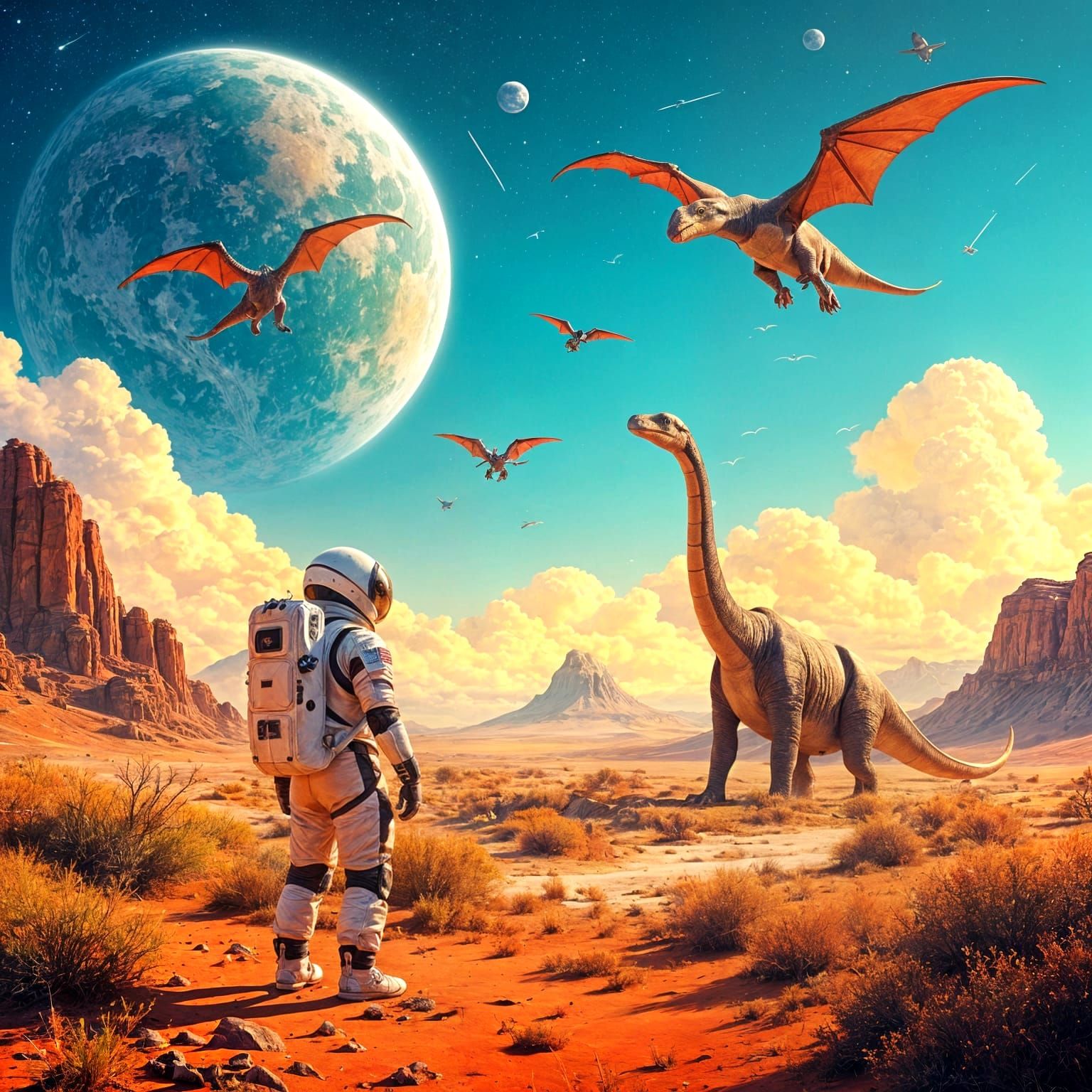 Astronaut and Dinosaurs on Alien Planet: Sci-Fi Paleoart