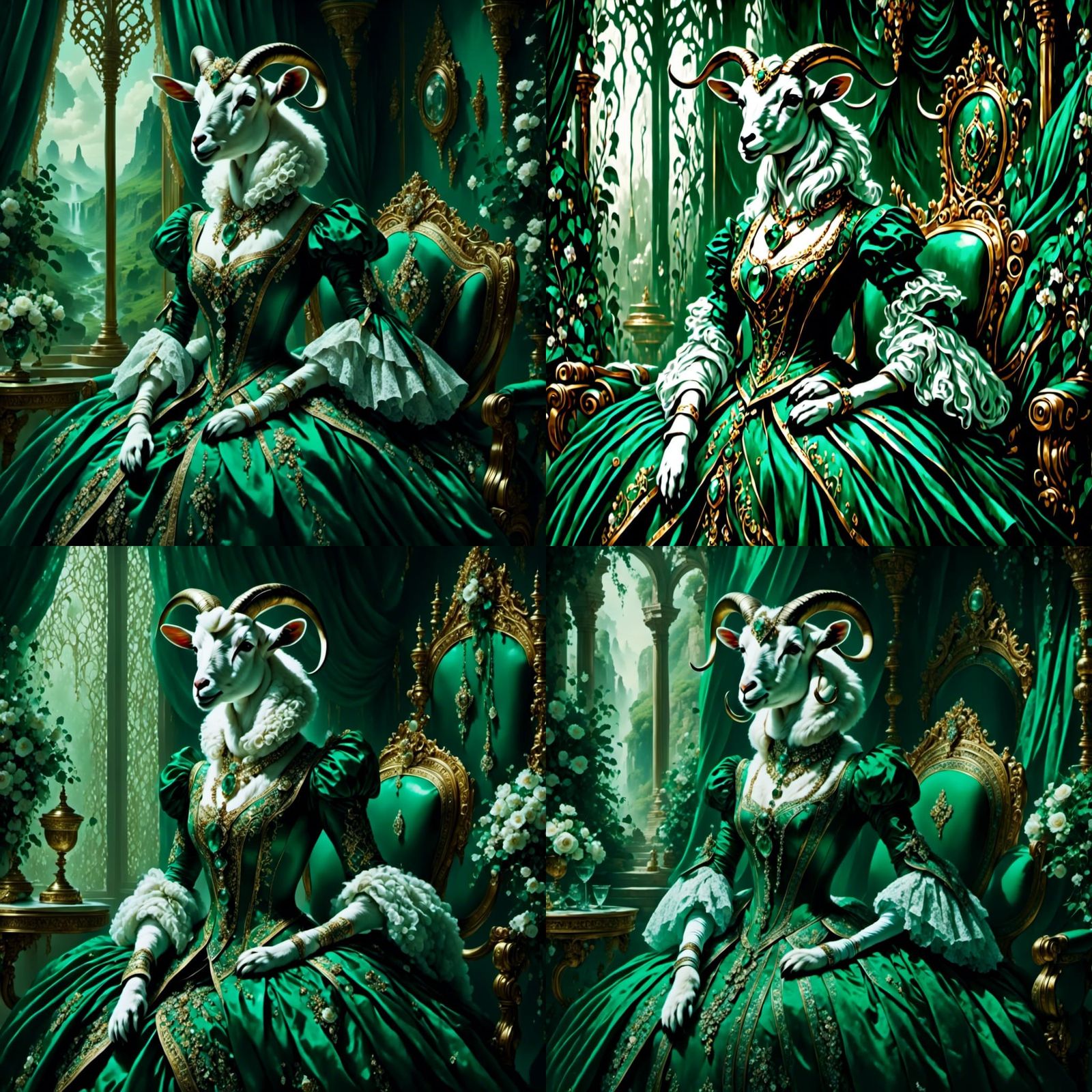 Anthropomorphic Goat in Emerald Green Dress