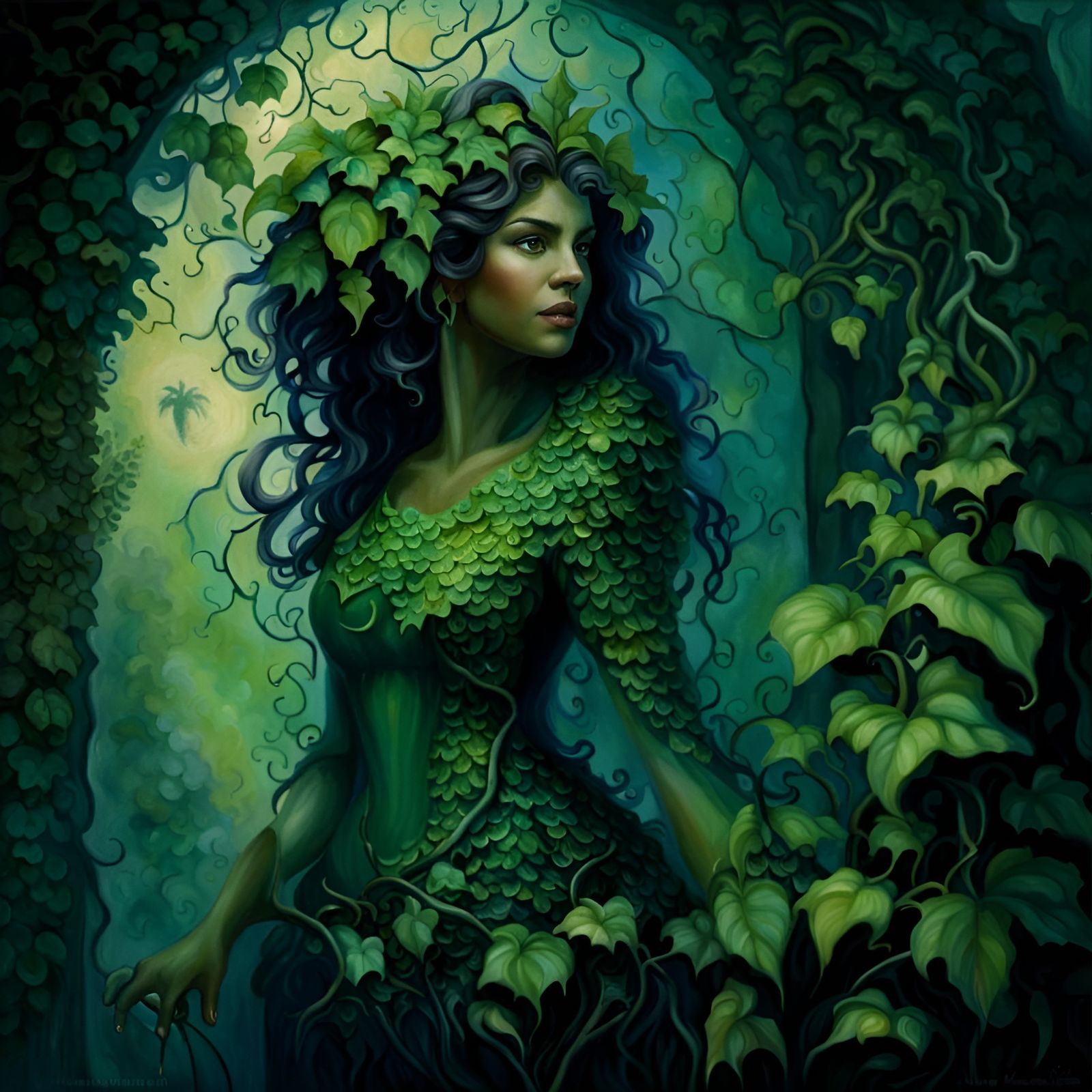 Beautiful Plant Woman in Dark Botanica Garden