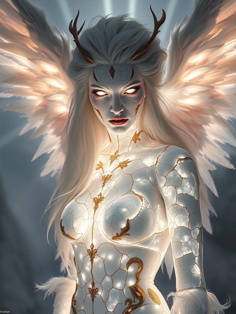 Celestial Porcelain Woman with Feathers in Ethereal Light